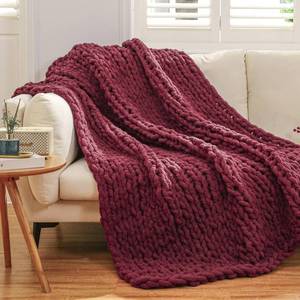lot 19621 image: WESHIONGOO Chunky Knit Blanket Throw 51�63 Knitted Throw Blankets for Couch Bed Fluffy Soft Blanket with Jumbo Chenille Yarn Thick 100% Handmade(Burgundy Red)