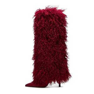 lot 19624 image: XBKXMK Red Fur Knee High Boots for Women Pointed Toe Stiletto Heel Fold Over Tall Boots Fashion Wide Calf Pull On Long Booties Casual Size 9