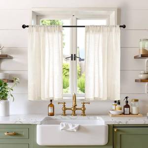 lot 20259 image: BGment Linen Kitchen Window Curtains Over Sink - 36 Inch Length Cafe Drapes Semi Sheer with Rod Pocket Light Filtering for Bathroom Small Window, Beige, 2 Panels, Each Panel 30 Inch Wide