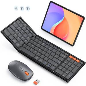 lot 20265 image: MEETION Foldable Keyboard and Mouse, Folding Portable Wireless Keyboard Mouse, Full Size Rechargeable 2.4GDual Bluetooth Keyboards Combo for Business Travel, for WindowsMaciOSAndriod, iPadLaptop (Mouse Missing USB)