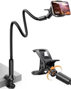lot 20275 image: SAIJI Gooseneck Phone Holder for Bed Overall Length 38.6 Flexible Leather Wrapped Arm Overhead Cell Phone Mount Stand with 360° Adjustable Clamp Clip, Compatible with All 4-7 Cellphones (Black)