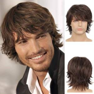 lot 20325 image: Wiwige Short Brown Wig for Mens Layered Natural Fluffy Synthetic Hair Wig Heat Resistant Halloween Cosplay with Wig Cap