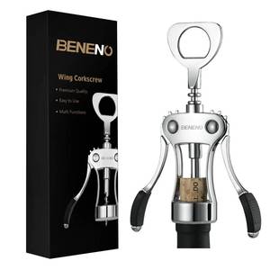 lot 20341 image: Beneno Wine Opener, Zinc Alloy Premium Wing Corkscrew with Multifunctional Bottles Opener, Sharp Wine Corkscrew with Ergonomic Non-Slip Wing Handle, Silver
