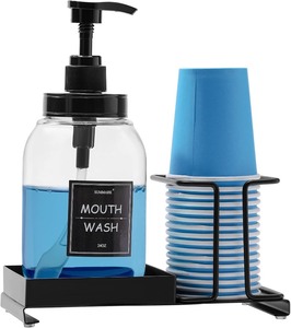 lot 10047 image: Glass Mouthwash Bottle with Black Pump Dispenser