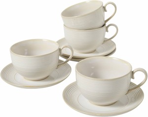 lot 19548 image: White Porcelain Tea Cup and Saucer Set with Ribbed Design (3 cups, 2 plates, one plate chipped)