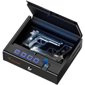 lot 861 image: Bonsaii Gun Safe for Handgun, 3 Ways Quick Access Biometric Gun Safe for Pistols, Fingerprint Pistol Safe with Type-C Port, Small Handgun Safe Lock Box with Light for Nightstand, Bedside, Car, Home - Retail $45