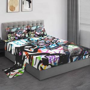 lot 871 image: Pamnest Full Size Bed Sheet Sets, Urban Skateboard Soft Microfiber 4 Pcs Bedding Sets for Kids and Adults Bedroom Bed Decor, Music Abstract Graffiti Flat, Fitted Sheet and 2 Pillowcases - Retail $40