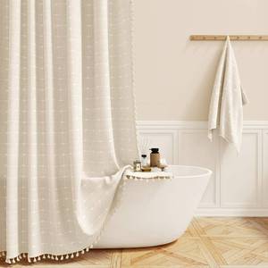 lot 872 image: BTTN Boho Farmhouse Shower Curtain Set with Tassel - Linen Rustic Heavy Duty Fabric, Water Repellent, Modern Bohemian French Country Thick Bathroom Shower Curtains - CreamBeige, 72x72 - Retail $20