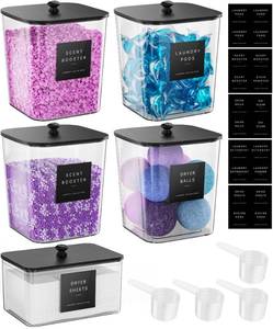 lot 888 image: Moforoco 5 Pack Laundry Pods Container, Clear Laundry Room Organization Containers,Large Detergent Powder Storage, Black Wooden Lids & Labels, Acrylic Pods Holder - Retail $30