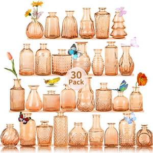 lot 898 image: Valentines Day Glass Bud Vases,Versatile Small Bud vases for Home and Wedding Decor, Exquisite Bridal Shower Table Centerpieces,Aromatherapy Bottles,Candle Holder, Gifts Idea(Pack of 30,Amber) - Retail $36