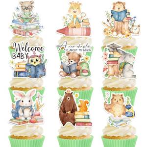 lot 900 image: Hokinaa Storybook Baby Shower Decorations - 36 Pcs A New Chapter Is About To Begin Cupcake Toppers, Book Theme Welcome Baby Cup Cake Topper, Jungle Woodland Animals Gender Reveal Party Supplies - Retail $8