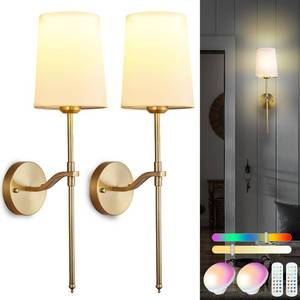 lot 905 image: Troconce Wall Lights Battery Operated Wall Sconces Set of 2, Gold Rechargeable Wall Sconce with 15 RGB Dimmable Detachable Bulbs and Remote, Wireless Battery Powered Wall Lamp for Living Room Bedroom - Retail $50