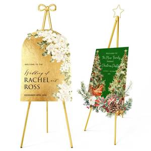 lot 910 image: Interchangeable Bow & Star Top Gold Easel Stand for Sign, 62��47 Height Adjustable Heavy Duty Wedding Easel Stand with 3 Display Modes �� Perfect for Welcome Signs, Christmas Decor, Parties & Events Assembly Required  - Retail $40