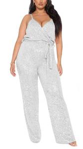 lot 939 image: BFFBABY Sequin Jumpsuit for Women Sexy V Neck Adjustable Spaghetti Strap Sleeveless Wide Leg Pants Shiny Rompers with Belt Party - Retail $46