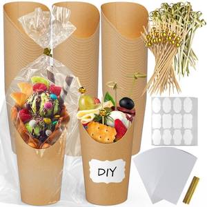 lot 945 image: 600 Pcs Charcuterie Cups with Sticks Bags Set, 100 Pcs 12 oz Individual Disposable French Fry Holder, Paper Snack Appetizer Cups Kit with 100 Bags, 100 Ties, 100 Lables, 200 Cocktail Skewers Picks - Retail $21