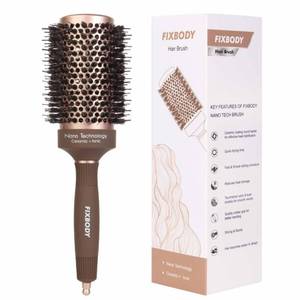 lot 952 image: FIXBODY Hair Brush, Round Brush for Blow Drying, Curling, Styling, Nano Thermal Ceramic & Ionic Tech, Boar Bristle, 3.3 inch, 2 inch Barrel, for Women, Volume & Shine, Brown, Hair Brush for Thick Hair - Retail $10