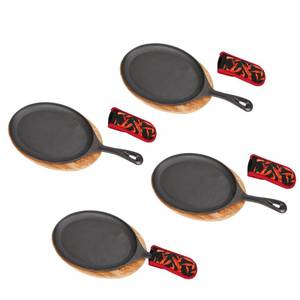 lot 957 image: DUIBAOCHUN 4 PCS Fajita Skillet,Sizzler Plates With Wooden Base And Handle Cover,Steak Plates,Cast Iron Skillet Set,Cast Iron Plates for Home Party Eating - Retail $50