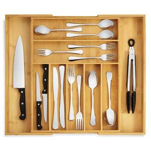 lot 958 image: Purawood Bamboo Drawer Organizer - Expandable Silverware Organizer & Utensil Drawer Organizer, Cutlery Tray with Dividers, 7-9 Slots- Kitchen Organizer for Utensils & Flatware (Natural) - Retail $40