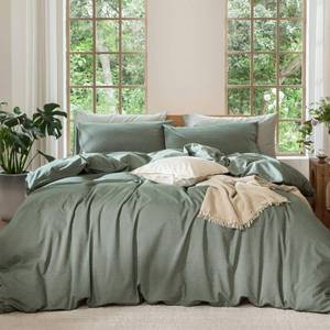 lot 983 image: MooMee Bedding Duvet Cover Set 100% Washed Cotton Linen Like Textured Breathable Durable Soft Comfy (Heathered Green, King 104x90) - Retail $80