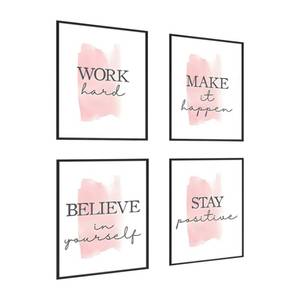 lot 993 image: 4 pcs Frame Wall Art Stay Positive Make It Happen Motivational Inspirational Quote Pink Canvas Painting Poster Pictures for Teenage Girl Bedroom Decor Office - Retail $28
