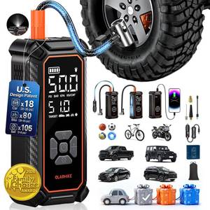 lot 999 image: OlarHike Tire Inflator Portable Air Compressor, 150PSI Dual Power - 6000mAh & 12V DC, Cordless Air Pump for Car Tires, Bikes, Motorcycle, Balls with LED & Digital Pressure Gauge, Gift for Mom - Retail $29