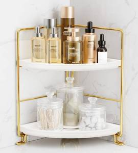 lot 20306 image: FSyueyun 2-Tier Corner Bathroom Counter Organizer, Tool-Less Installation Vanity Shelf Small Plastics Countertop Makeup Tray Skincare Perfume Organizers (Gold) - Retail $17