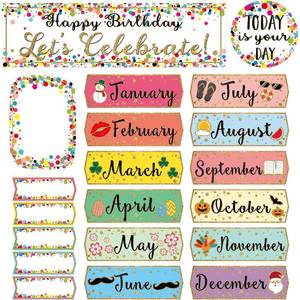 lot 20312 image: Outus 60 Pcs Happy Birthday Bulletin Board Set Classroom Confetti Birthday Chart Cutouts for Classroom Wall Decoration for Students School Class Bulletin Board Teaching Supply(Bright Color) - Retail $9