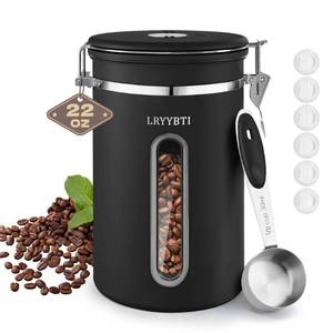 lot 20322 image: Coffee Canisters with Window,Scoop and Airtight Lid Stainless Steel Kitchen Bean Storage Grounds Container��22OZBlack)Date Tracker and Scoop for Grounds Coffee Bar Accessories Beans, Cereal, Sugar - Retail $16
