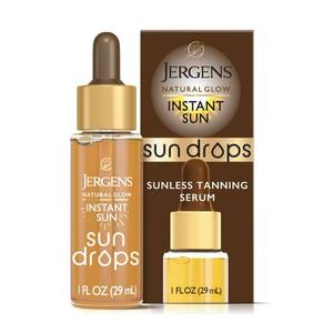 lot 20324 image: Jergens Natural Glow Instant Sun Drops, Sunless Tanning for Face and Body, Instant Sun Bronzing Drops, Oil Free, 1 Fl Oz - Retail $13