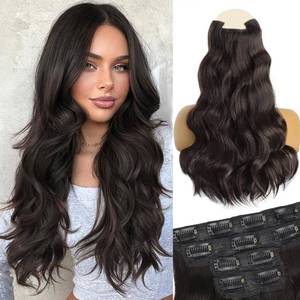 lot 20329 image: Vigorous Clip in Hair Extensions 4Pcs Dark Brown Long Hair Extensions Clip Ins 20Inch Soft Synthetic Hairpieces for Women - Retail $24