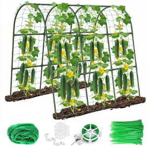 lot 20340 image: U-Shape Cucumber Trellis for Raised Bed - 47x47x22 Metal Garden Trellis with Net & Clips  Rust-Proof Plant Support for Cucumber, Tomato, Peas  Heavy-Duty Outdoor Climbing Plants Trellis - Retail $37