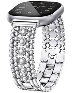 lot 20347 image: Minyee Metal Bands Compatible with Fitbit Versa 4Sense 2Versa 3Sense Bands for Women, Silver Dressy Stainless Steel Metal Fashion Cool Adjustable Strap Round Studded Link Bracelet for Versa 34 - Retail $26