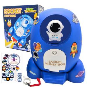 lot 20352 image: Rocket Ship Piggy Bank for Boys Money Safe Astronaut Piggy Banks for Kids Cash Coin Can ATM Bank Coin Money Bank for Kids with Key Astronaut Sticker Practical Gifts for Children Boys and Girls (Blue) - Retail $20