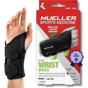lot 20356 image: MUELLER Sports Medicine Green Fitted Wrist Brace for Men and Women, Wrist Pain Relief Support, Ideal for Carpal Tunnel, Tendonitis, Arthritis, Right Hand, Black, LargeX-Large - Retail $16