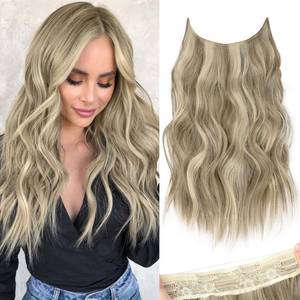 lot 20366 image: KooKaStyle Invisible Wire Hair Extensions with Transparent Headband Adjustable Size 4 Secure Clips Long Wavy Secret Wire Hairpiece 16 Inch 9H60A#Ash Brown mix Platinum Blonde for Women - Retail $19