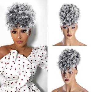 lot 20379 image: SuyiIRL Gray Afro Puff Drawstring Ponytail with Curly Hair Pieces Clip in Bangs Short Ponytail Hair Extensions drawstring ponytail for Black Women, T1BGray - Retail $14