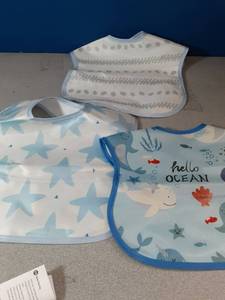 lot 20397 image: CIVARUA KIDS 3-Pack Waterproof Baby Bibs for Eating - Mess Proof Lightweight Toddler Feeding Bibs with Large Food Catcher, Food-Grade Baby Eating Essentials, Easy to Put On & Clean(Light Blue Ocean) - Retail $21