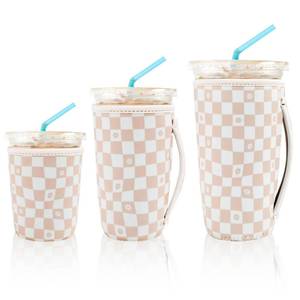 lot 20410 image: KJQJLY 3 Pack Reusable Iced Coffee Sleeves for Iced Coffee Cups or Drinks Reusable Neoprene Insulated Sleeves for Hot and Cold Drinks from Starbucks, Dunkin, And More (Floral Checkers) - Retail $10