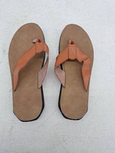 lot 12024 image: Brown Leather Flip Flops with Textured Straps, Size 44