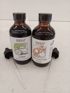 lot 12130 image: HBNO Lot Of 2 Essential Oil, 4oz, Lime, Organic Sweet Orange