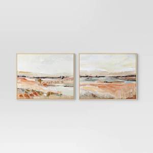 lot 1353 image: (Set of 2) 24 x 30 Faded Landscape Framed Wall Canvases Natural - Threshold Polystyrene Frame, Blockprint Art - Retail $115