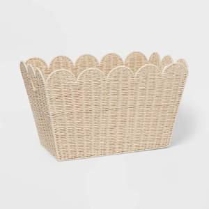lot 9820 image: Floor Woven Scallop Kids Storage - Pillowfort Handwoven Iron Basket with Handles, Off-White, 15x25 TINE STARTING TO FRAY FROM SHIPPING  - Retail $40