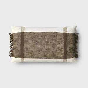 lot 9892 image: Oversized Textured Woven Cotton Striped Lumbar Throw Pillow IvoryDark Olive - Threshold Fringe Detail, Indoor Use - Retail $25