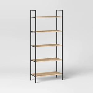 lot 9915 image: 72in Loring 5 Shelf Ladder Bookshelf Vintage Oak - Threshold Metal Frame, Open Back Design - Retail $195