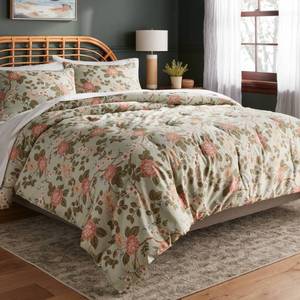 lot 9937 image: King Floral Print Comforter and Sham Set Light Sage GreenLight PinkWhite - Threshold Cotton Sateen 310 Thread Count - Retail $89