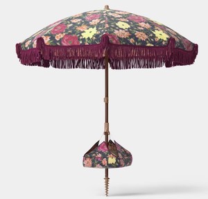 lot 9801 image: 6 Round Floral Beach Umbrella with Fringe Burgundy - Threshold - Retail $60