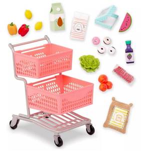 lot 9869 image: Our Generation Supermarket Play Pink Grocery Shopping Cart & Food Accessory Set for 18 Dolls - Retail $25
