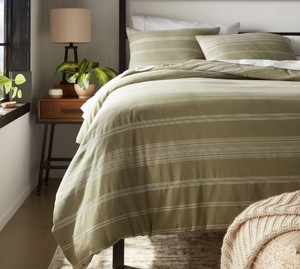 lot 9911 image: King Cotton Woven Stripe Duvet Cover & Sham Set Moss GreenWhite - Threshold OEKO-TEX Certified, Lightweight Fabric - Retail $79