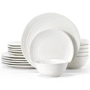 lot 5043 image: Famiware Plates and Bowls Sets 24-Piece Stoneware Dinnerware Sets, Dishes Set for 8, Speckled Hand-made Reactive Glaze Dish Set, Twilight Series, White - Retail $331