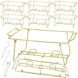 lot 5045 image: Geosar 32 Pack Wire Buffet Rack Stand Folding Chafing Stand Chrome Frame Serving Trays Food Warmer with Plastic Tongs Forks and Spoons for Christmas Thanksgiving Home Party Catering Supplies(Gold) - Retail $76